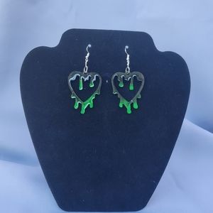 Green & Black Glitter Dripping Heart Earrings